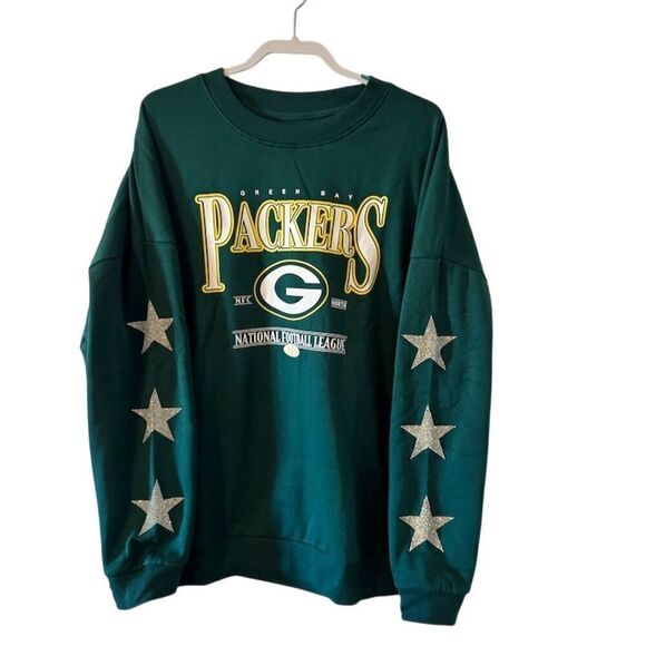 Green Bay Packers Tops - Green Bay Packers NFL Women's Rhinestone Star Sleeve Sweatshirt Green Size Large